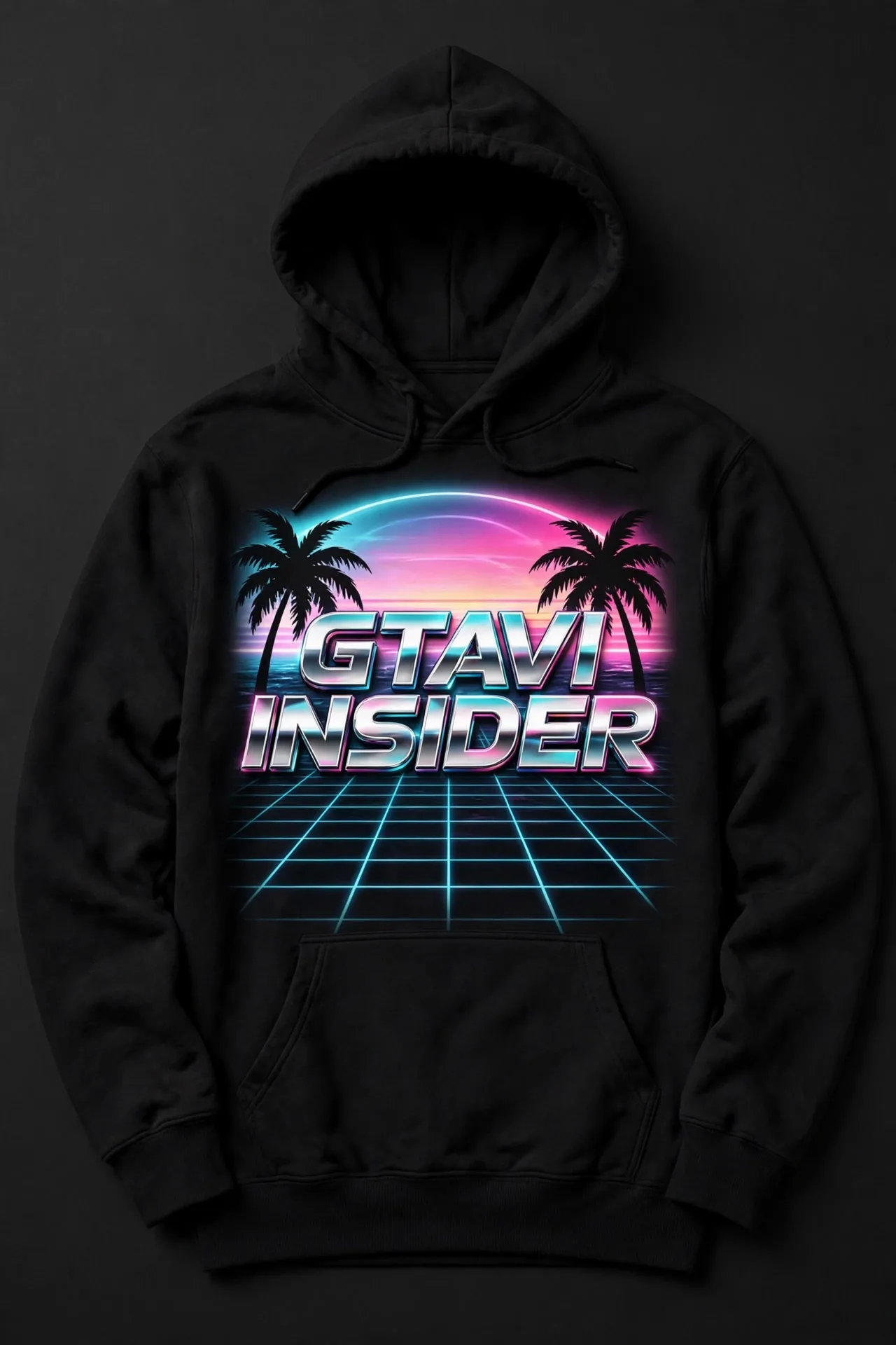 Black hoodie with GTAVI INSIDER neon horizon graphic