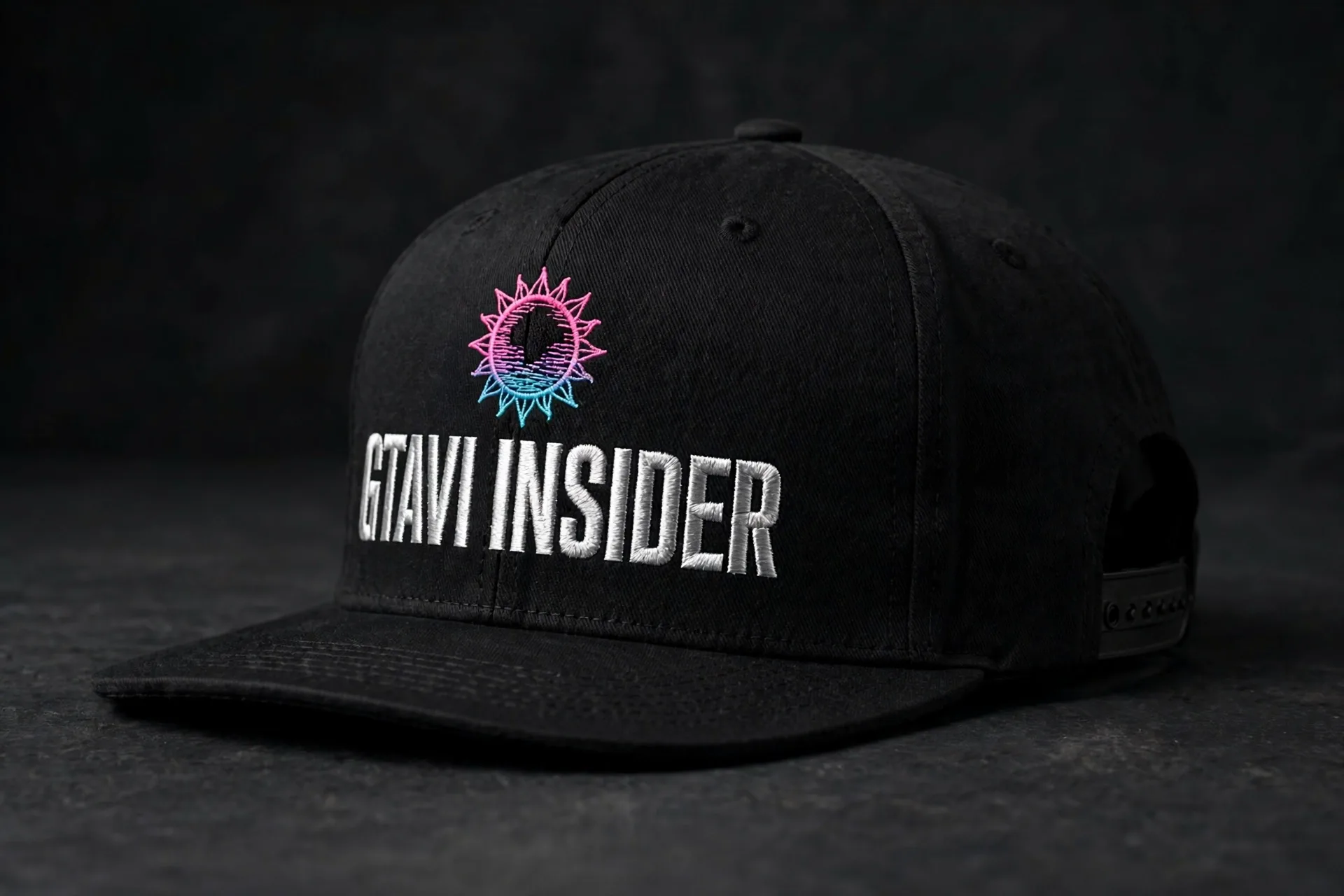 Black snapback cap with chrome-thread GTAVI INSIDER embroidery
