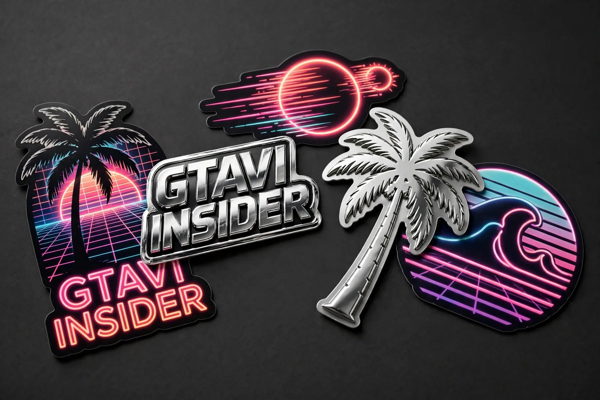 Pack of five GTAVI INSIDER neon-noir vinyl stickers
