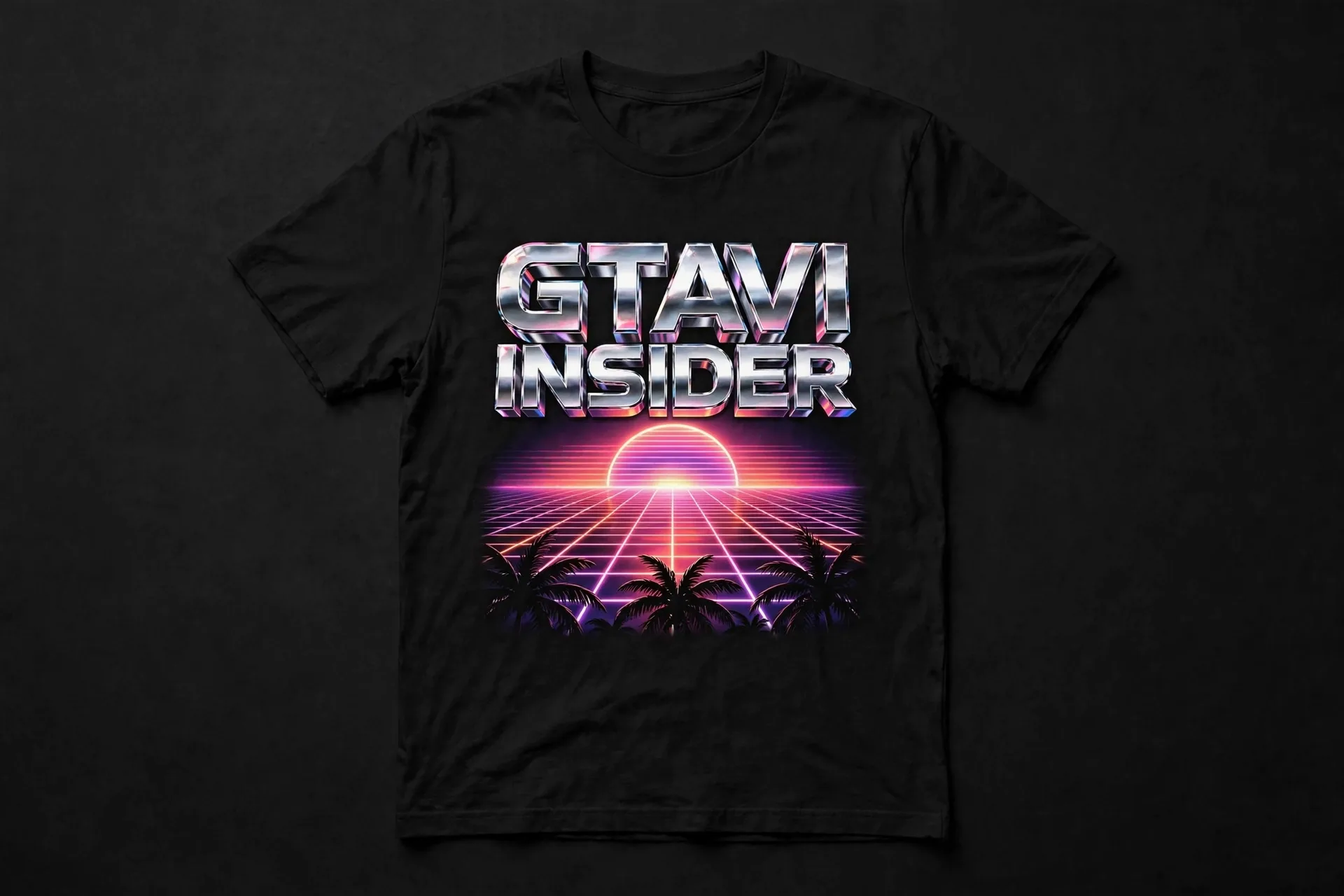 Black t-shirt with GTAVI INSIDER neon grid sunset artwork